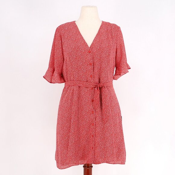 NWT LULUS Castana Rust Red Print Button-Up Mini Micro-Print Dress Size XL - Picture 3 of 9